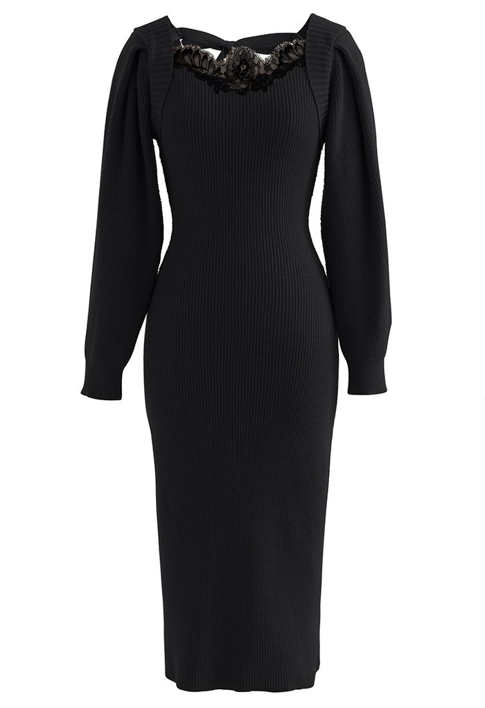 Lace Trim Puff Sleeve Bodycon Knit Dress in Black - Retro, Indie and ...