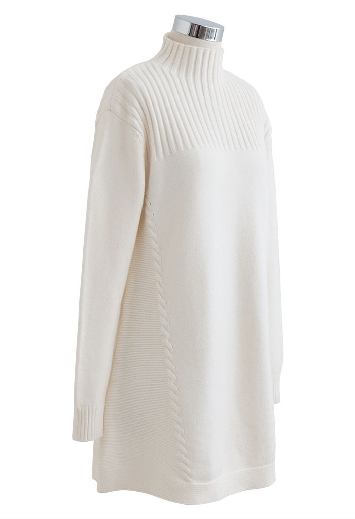 Braided Side High Neck Longline Sweater in Ivory