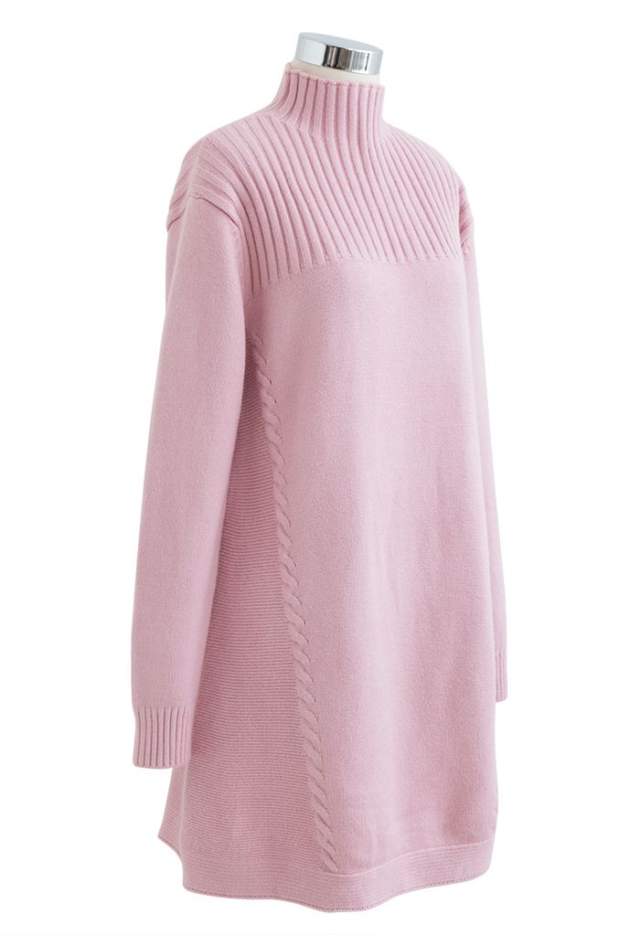 Braided Side High Neck Longline Sweater in Pink - Retro, Indie and ...