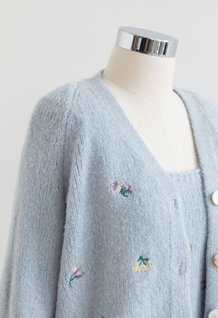 Embroidered Posy Cami Top and Cardigan Set in Blue