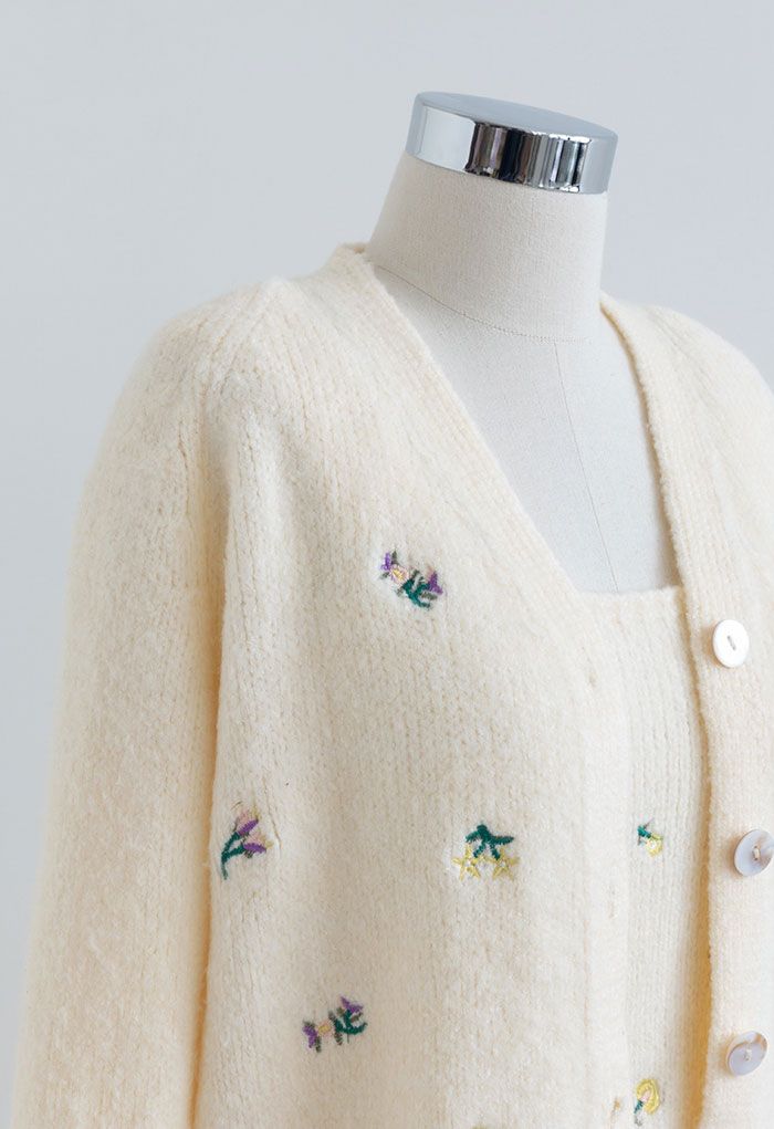 Embroidered Posy Cami Top and Cardigan Set in Cream - Retro, Indie and ...