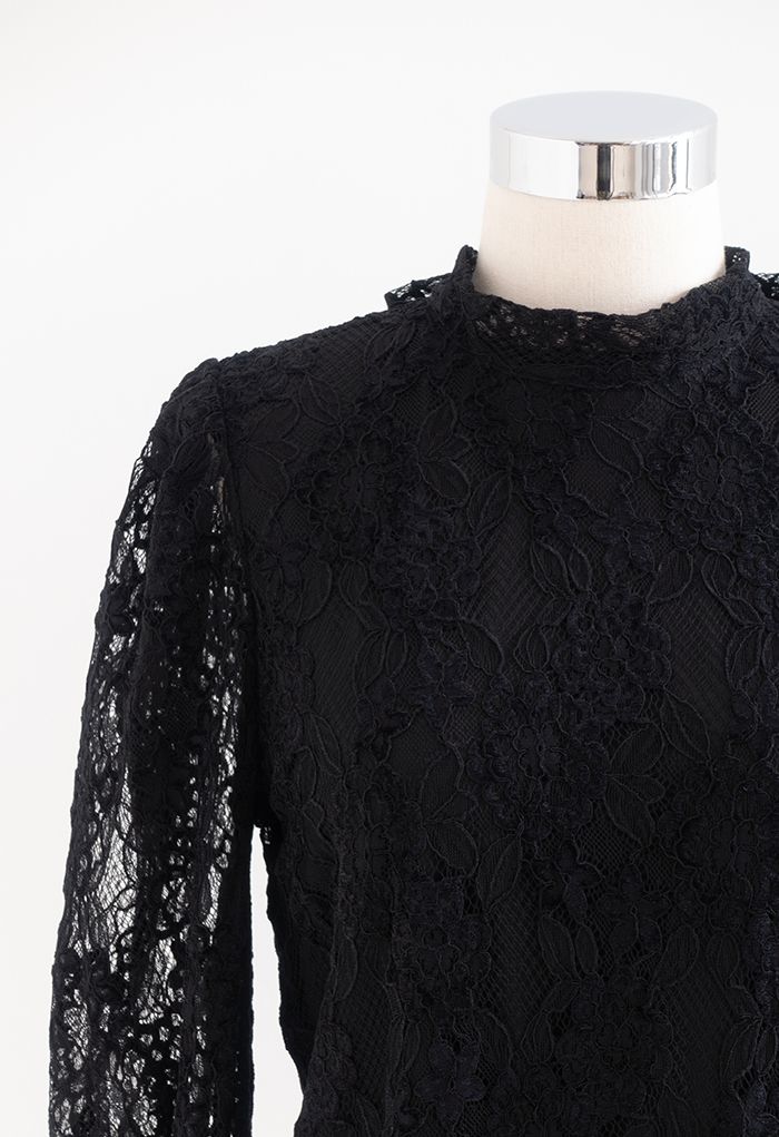 Floral Lace Puff Shoulder Bowknot Top in Black - Retro, Indie and ...