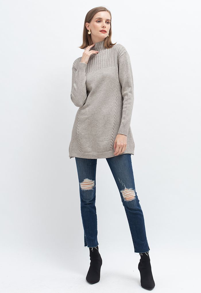 Braided Side High Neck Longline Sweater in Linen