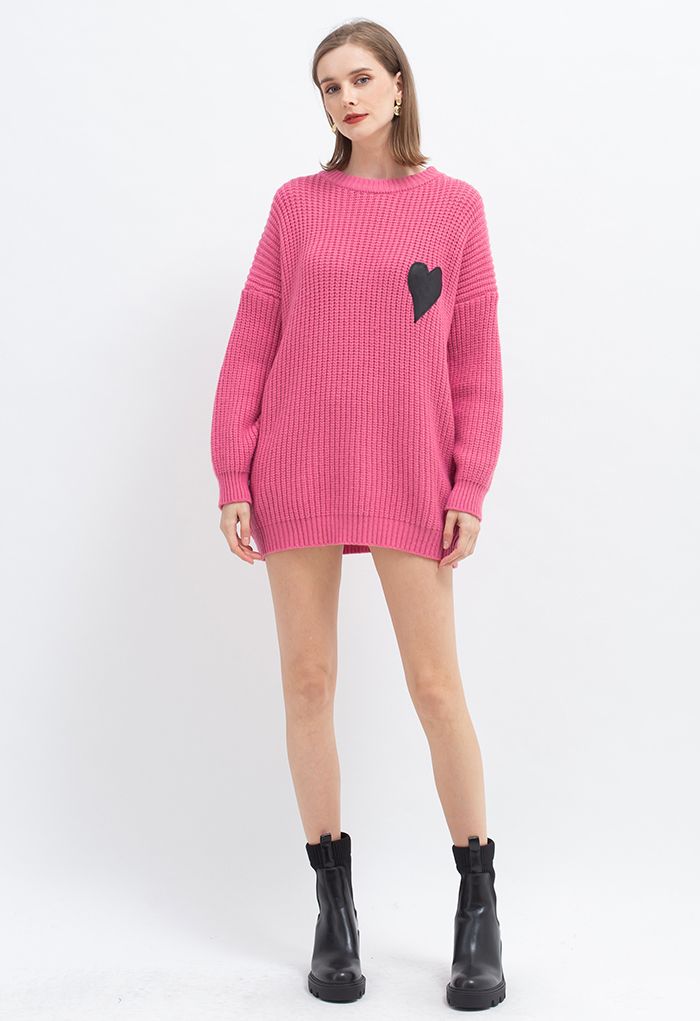 Heart Patch Knit Sweater Dress in Hot Pink
