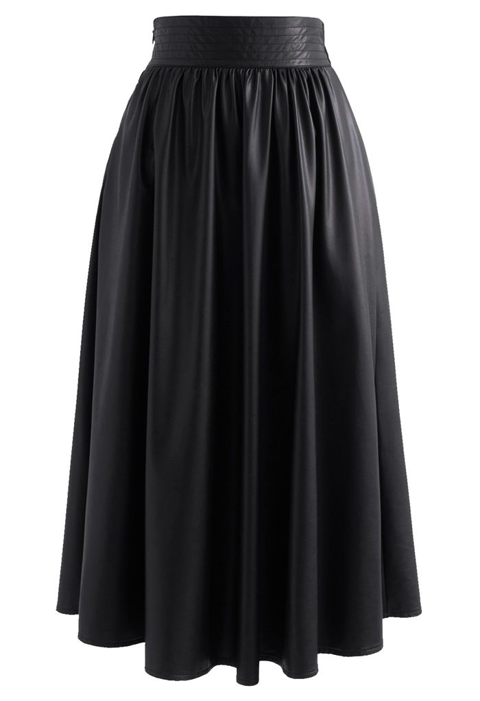 Stitched Waist Faux Leather Midi Skirt in Black - Retro, Indie and ...