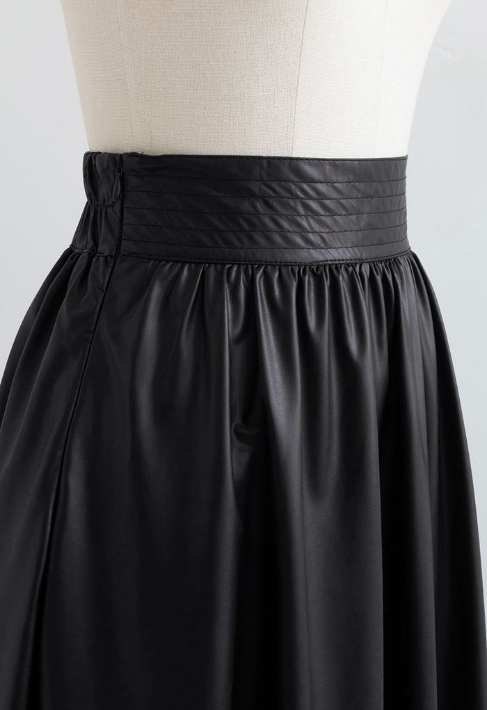 Stitched Waist Faux Leather Midi Skirt in Black