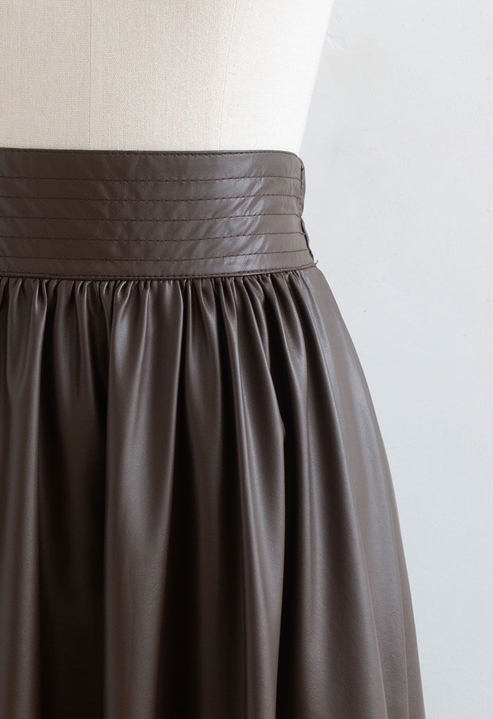Stitched Waist Faux Leather Midi Skirt in Brown - Retro, Indie and ...