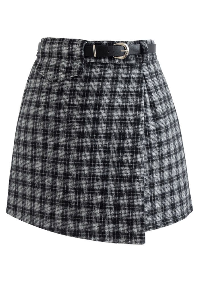 Check Print Belted Flap Skorts in Black - Retro, Indie and Unique Fashion