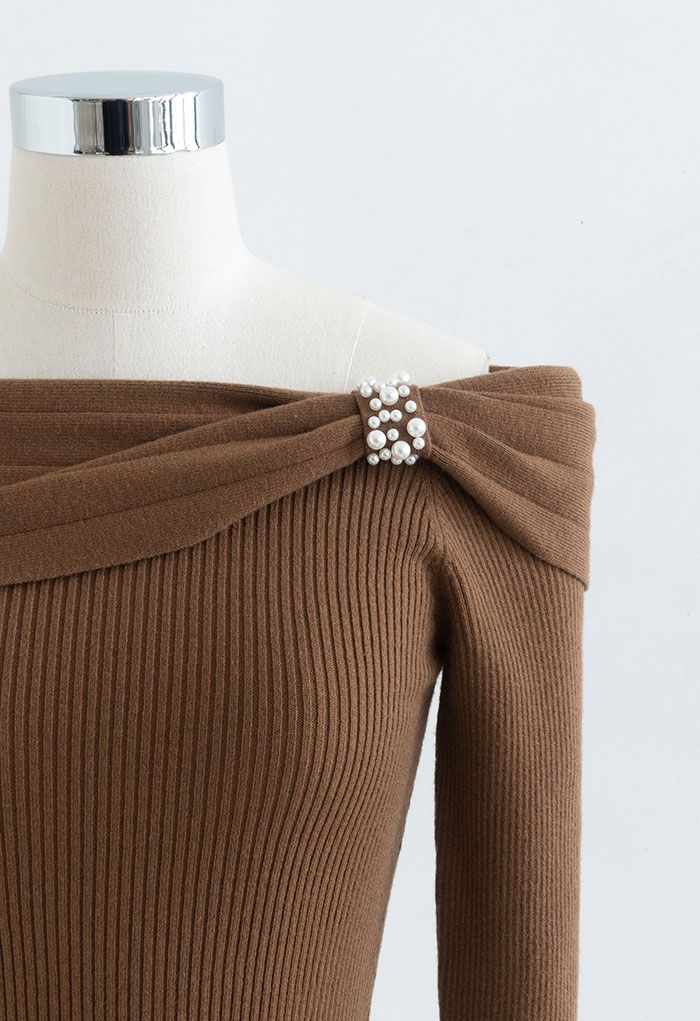 Pearl Trim Off-Shoulder Crop Knit Top in Caramel