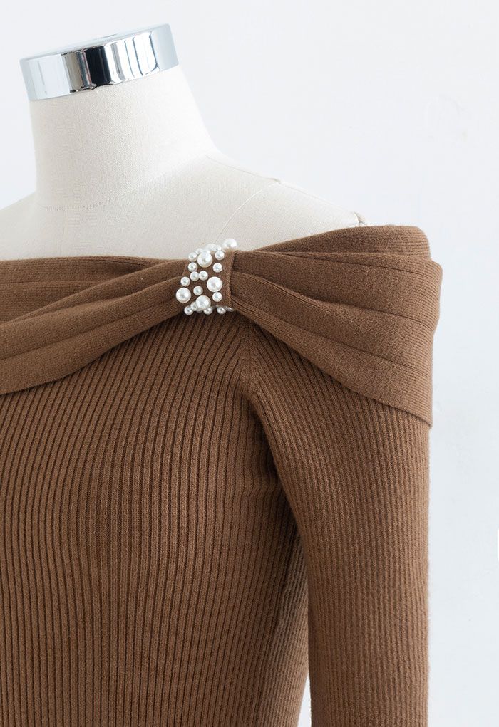 Pearl Trim Off-Shoulder Crop Knit Top in Caramel