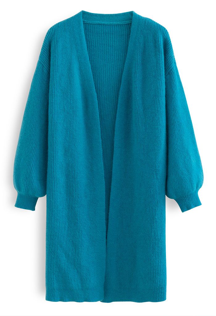 Essential Rib Open Front Longline Cardigan in Peacock