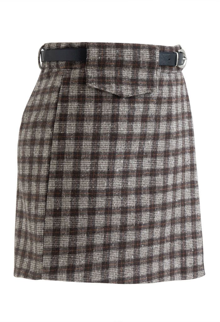 Check Print Belted Flap Skorts in Brown - Retro, Indie and Unique Fashion