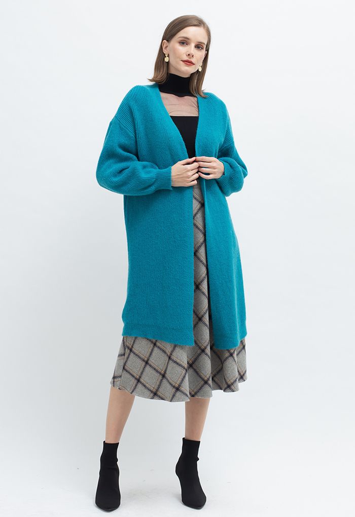 Essential Rib Open Front Longline Cardigan in Peacock