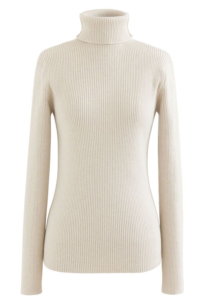 Turtleneck Long Sleeve Ribbed Knit Top in Ivory - Retro, Indie and
