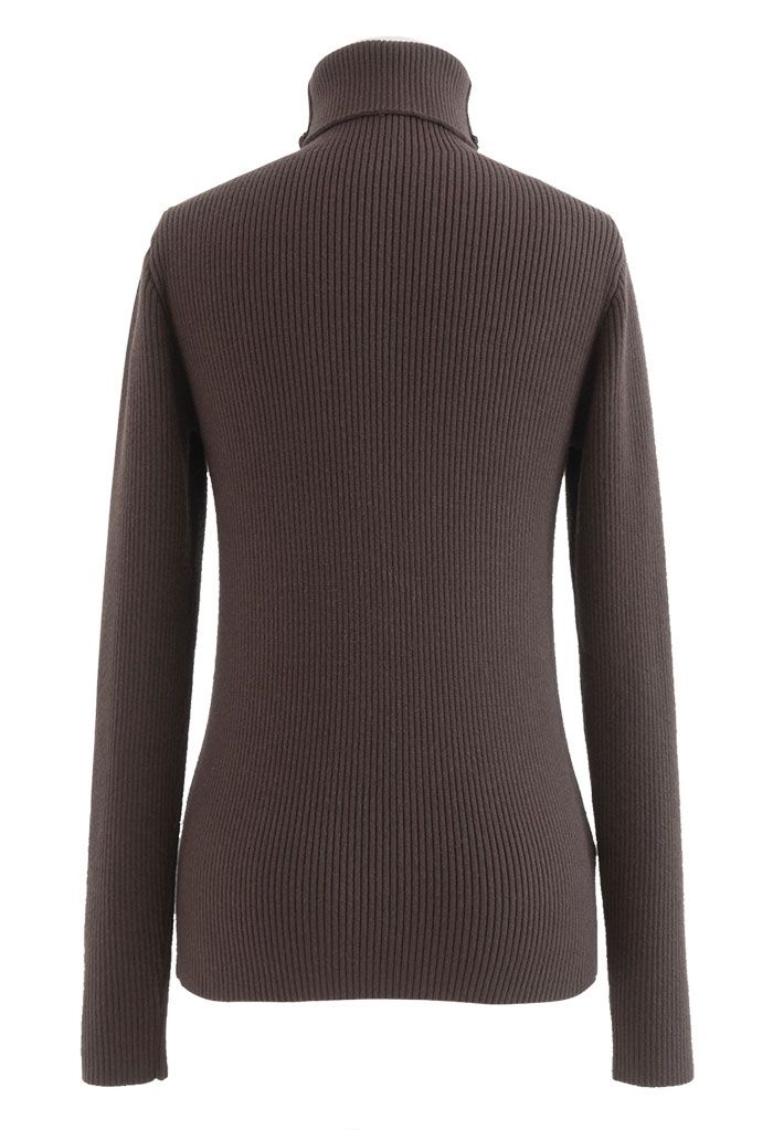 Turtleneck Long Sleeve Ribbed Knit Top in Brown - Retro, Indie and ...