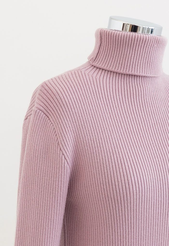 Turtleneck Long Sleeve Ribbed Knit Top in Lilac