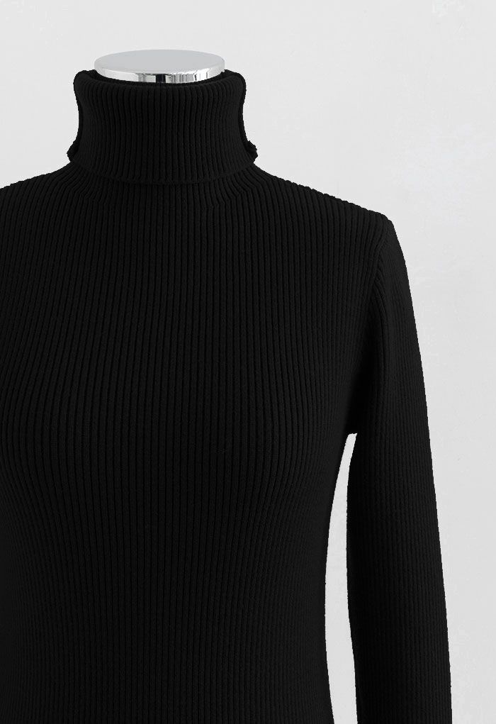 Turtleneck Long Sleeve Ribbed Knit Top in Black