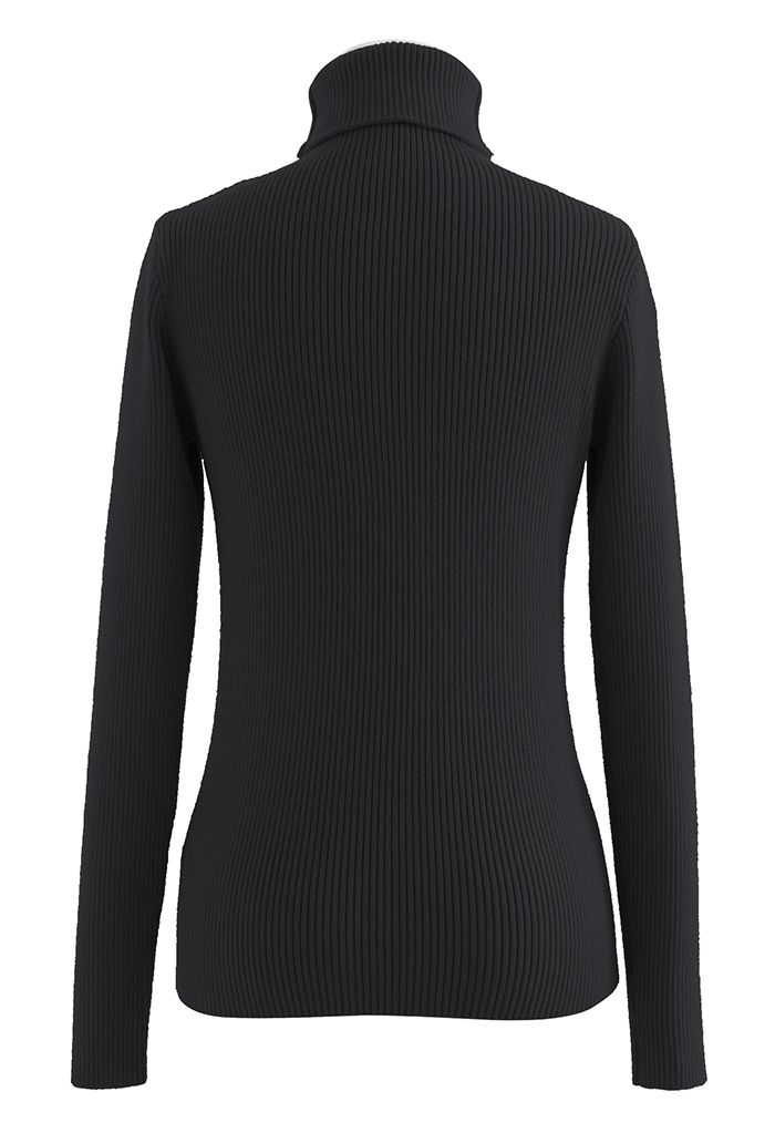 Turtleneck Long Sleeve Ribbed Knit Top in Black - Retro, Indie and ...
