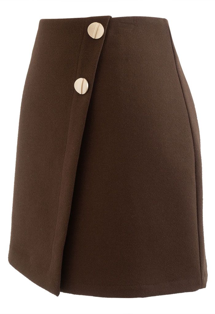 Double Buttons Flap Wool-Blend Mini Skirt in Brown