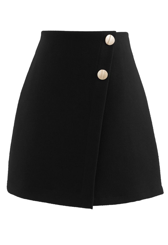 Double Buttons Flap Wool-Blend Mini Skirt in Black - Retro, Indie and ...