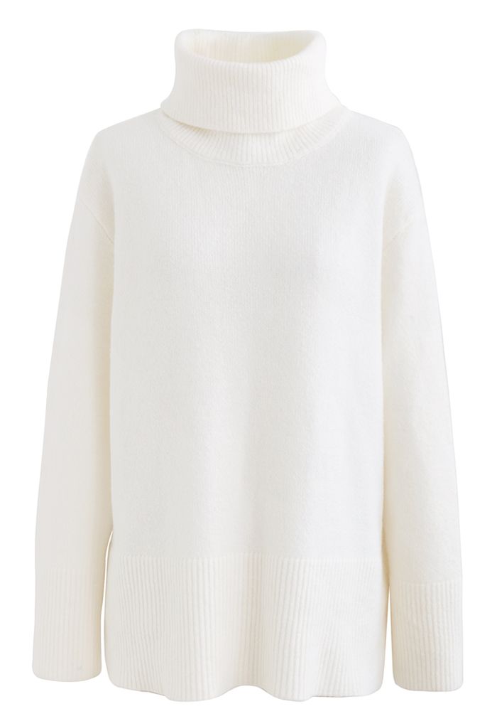 Turtleneck Split Hem Knit Sweater in White