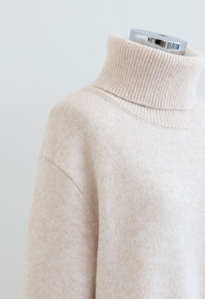 Turtleneck Split Hem Knit Sweater in Linen