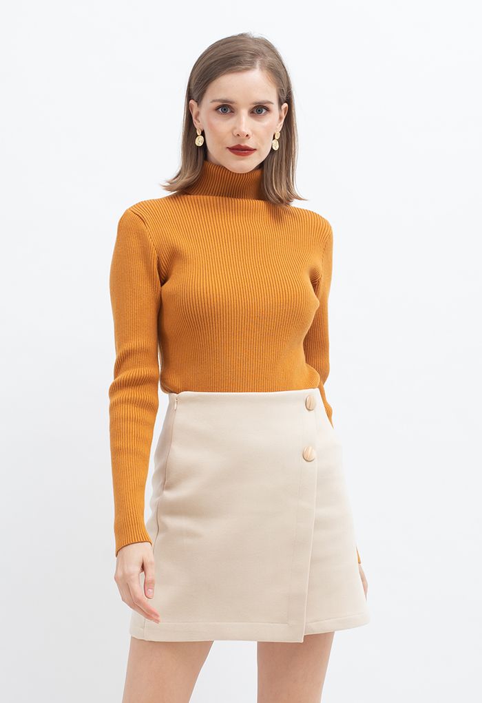 Turtleneck Long Sleeve Ribbed Knit Top in Pumpkin - Retro, Indie and ...