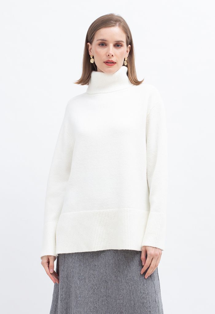 Turtleneck Split Hem Knit Sweater in White