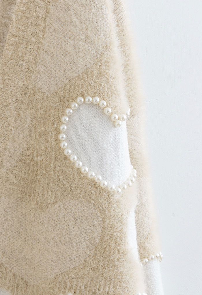 Pearly Contrast Heart Soft Fuzzy Knit Cardigan in Cream