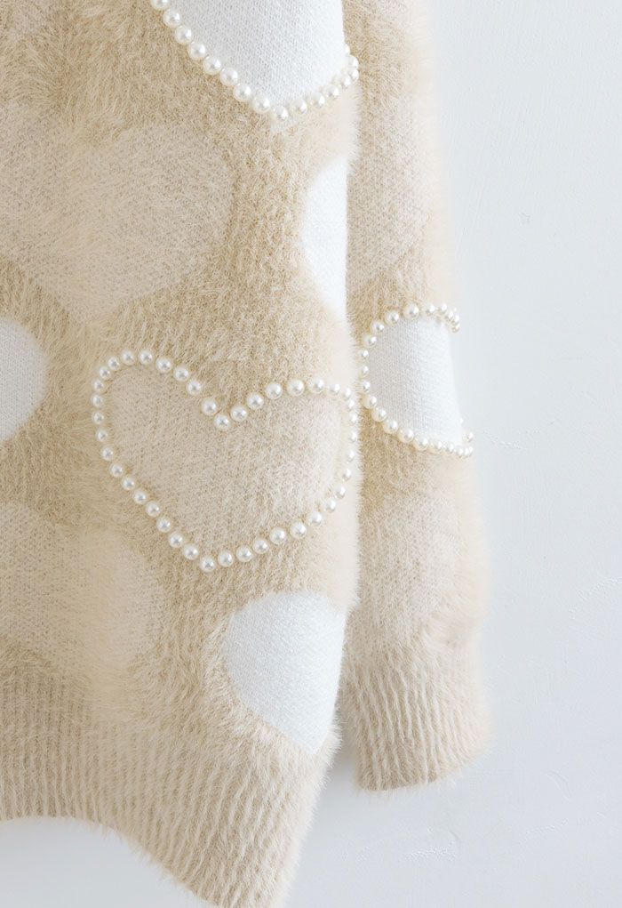 Pearly Contrast Heart Soft Fuzzy Knit Cardigan in Cream