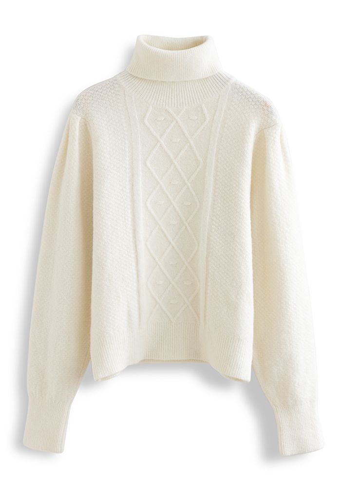 Diamond and Dots Turtleneck Sweater in White