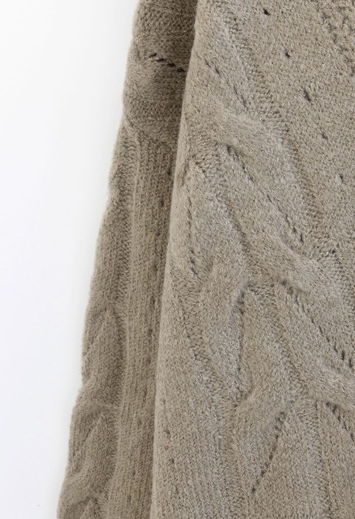 Hollow Out V-Neck Chunky Knit Sweater in Taupe