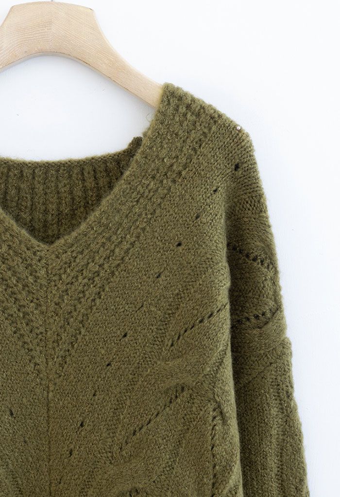 Hollow Out V-Neck Chunky Knit Sweater in Moss Green