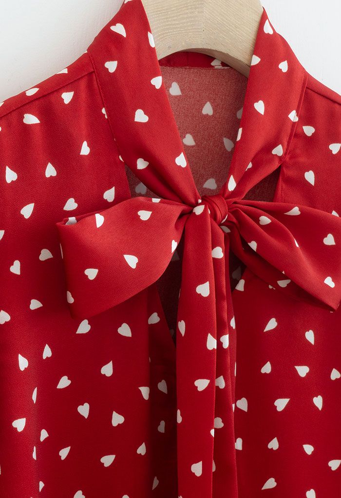 Falling Heart Self-Tie Bowknot Satin Shirt in Red