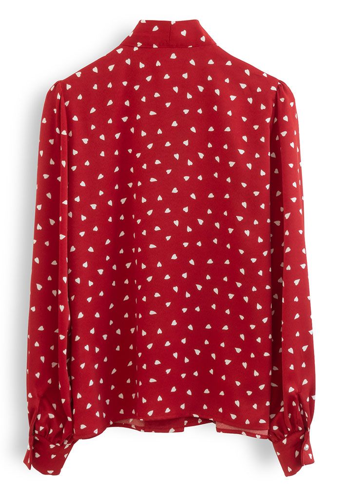 Falling Heart Self-Tie Bowknot Satin Shirt in Red