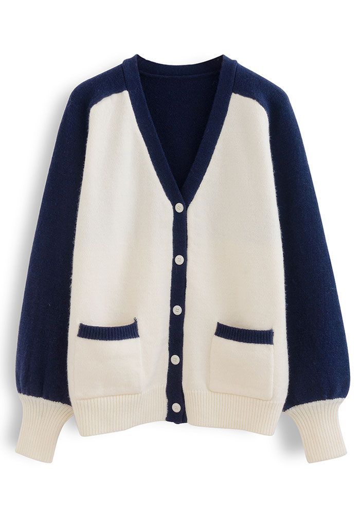 Utility Two-Tone Button Down Cardigan in Navy