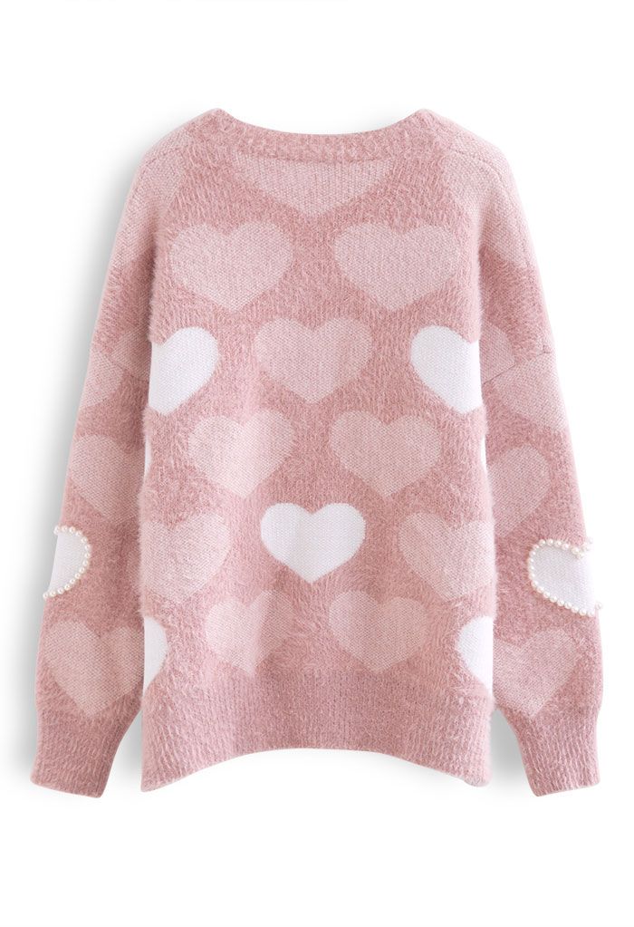 Pearly Contrast Heart Soft Fuzzy Knit Cardigan in Pink