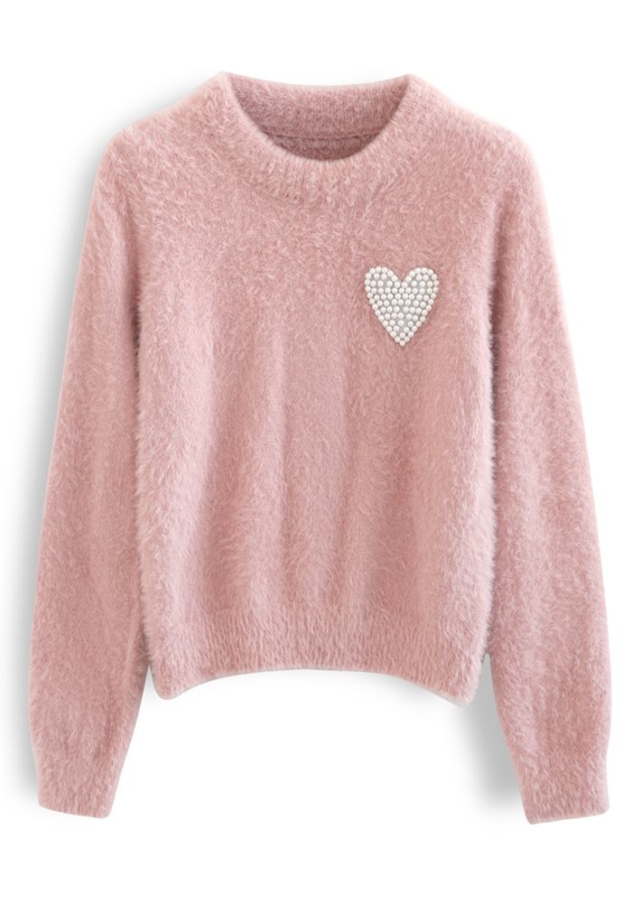 Pearly Heart Patch Soft Fuzzy Knit Sweater in Pink