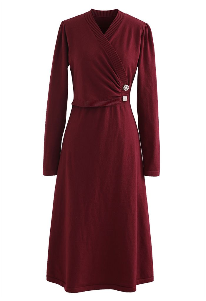 Pearl Button Wrap Knit Midi Dress in Red