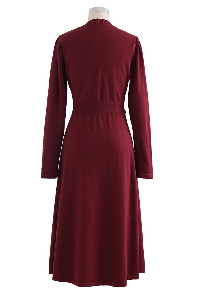 Pearl Button Wrap Knit Midi Dress in Red
