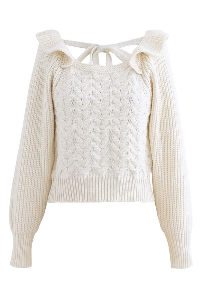 Square Neck Braid Ribbed Crop Sweater in Ivory - Retro, Indie and ...