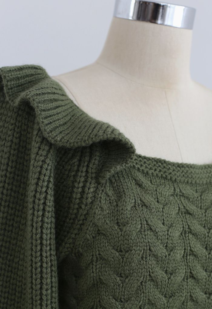 Square Neck Braid Ribbed Crop Sweater in Green