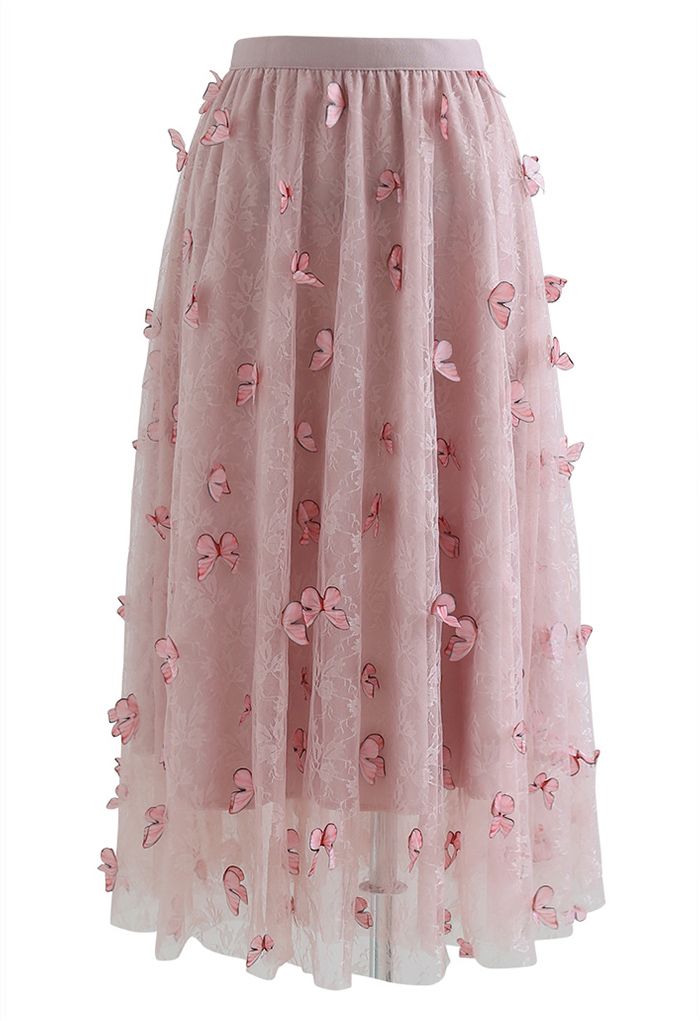 Double-Layered 3D Butterfly Lace Mesh Skirt in Pink