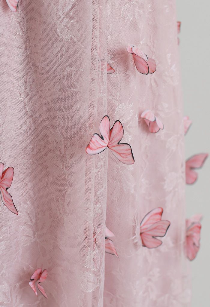 Double-Layered 3D Butterfly Lace Mesh Skirt in Pink
