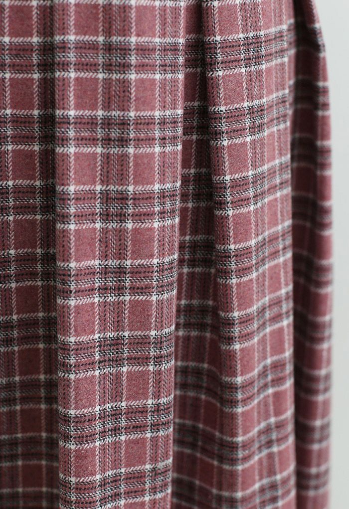 Wool-Blend Pleated Plaid Skirt in Berry