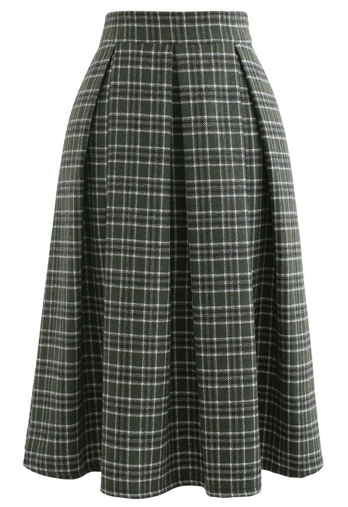 Wool-Blend Pleated Plaid Skirt in Dark Green - Retro, Indie and Unique ...