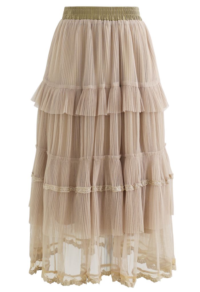 Double-Layered Tiered Pleated Midi Skirt in Sand - Retro, Indie and ...