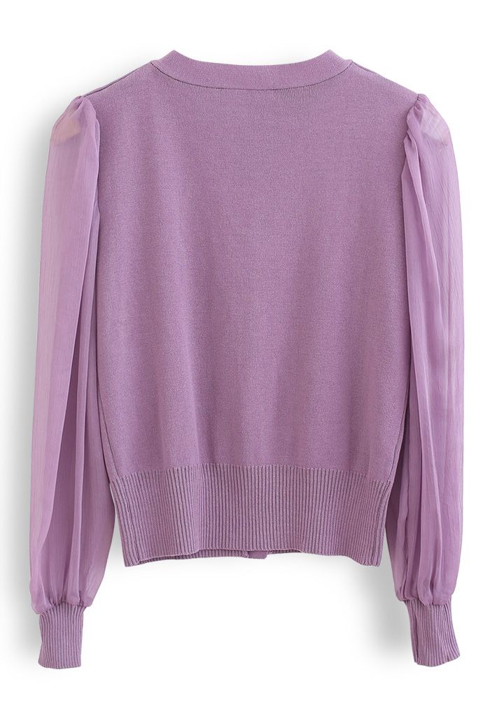 Button Down V-Neck Sheer Sleeves Knit Top in Lilac