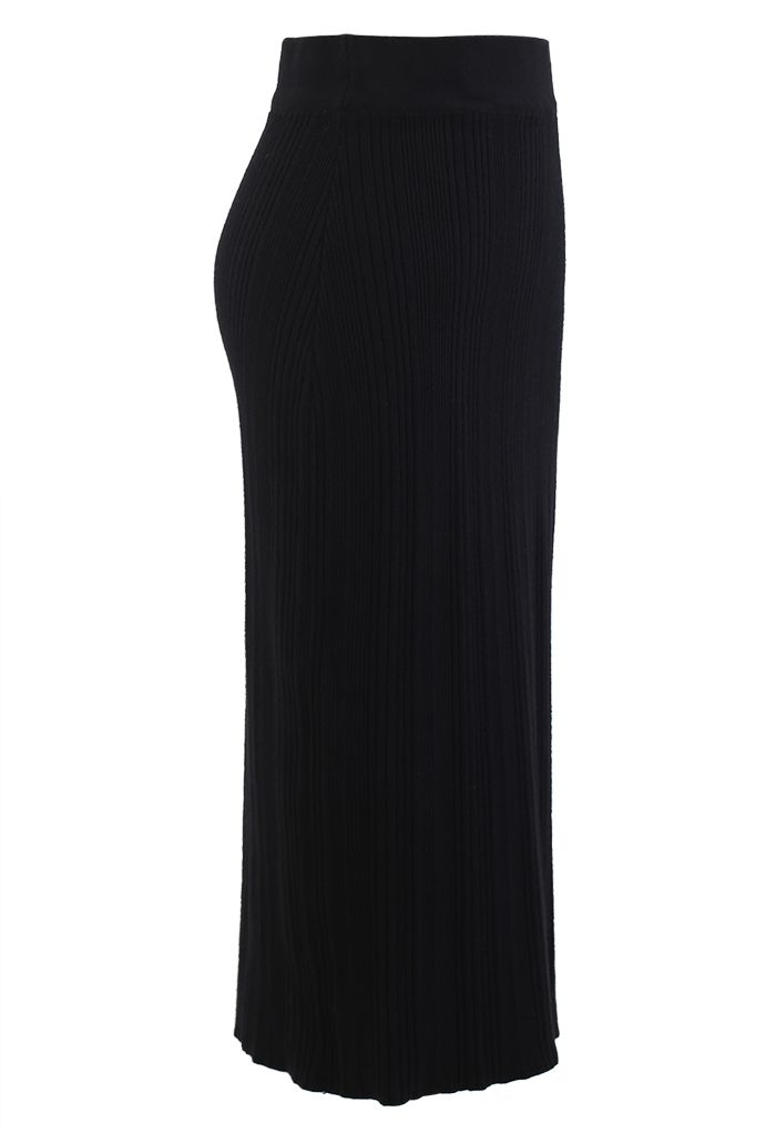 Slit Back Rib-Knit Pencil Skirt in Black - Retro, Indie and Unique Fashion