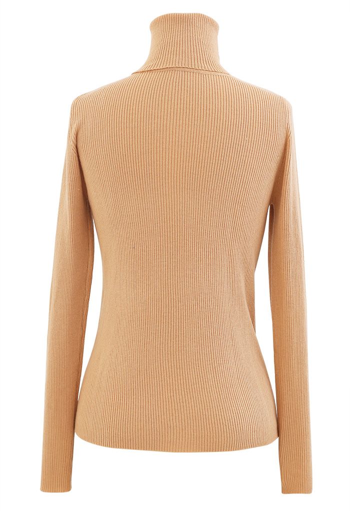 Turtleneck Ribbed Fitted Knit Top in Apricot - Retro, Indie and Unique ...